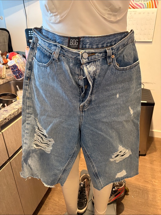 BDG Pants - BDG Light Blue Distressed High-Waist Denim Bermuda Shorts